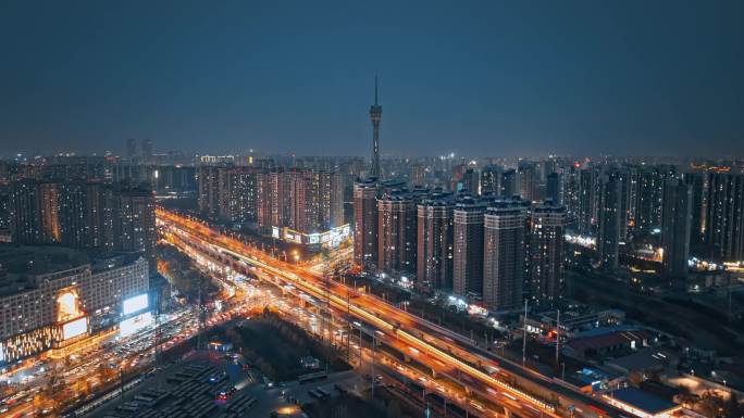 4K航拍郑州市中原福塔亮灯夜景延时