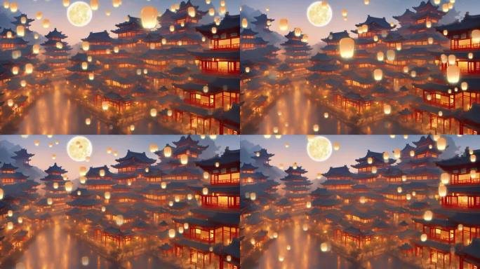 4k孔明灯中国风夜景LED背景动画1
