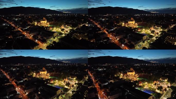 泰国清迈古城契迪龙寺航拍城市夜景风光