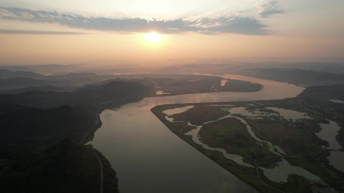 航拍山川河流日出