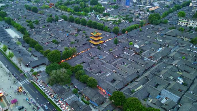 四川阆中古城高视角航拍古建筑街道夜景