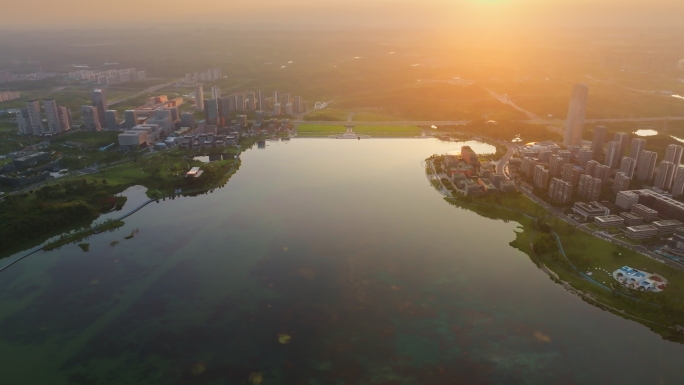 成都兴隆湖夕阳航拍4k