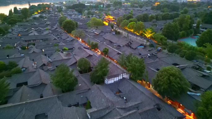 四川阆中古城高视角航拍古建筑街道夜景