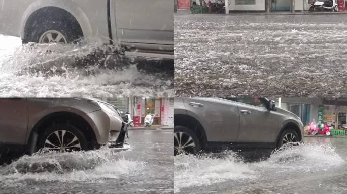 雨夜路面积水马路雨景汽车通过积水路面飞溅