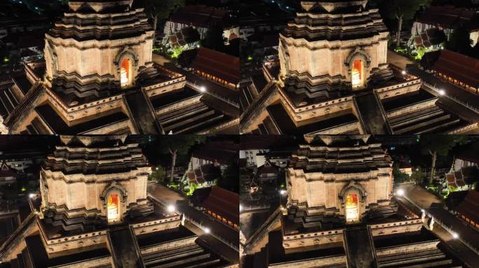 泰国清迈古城大佛塔寺航拍城市夜景风光