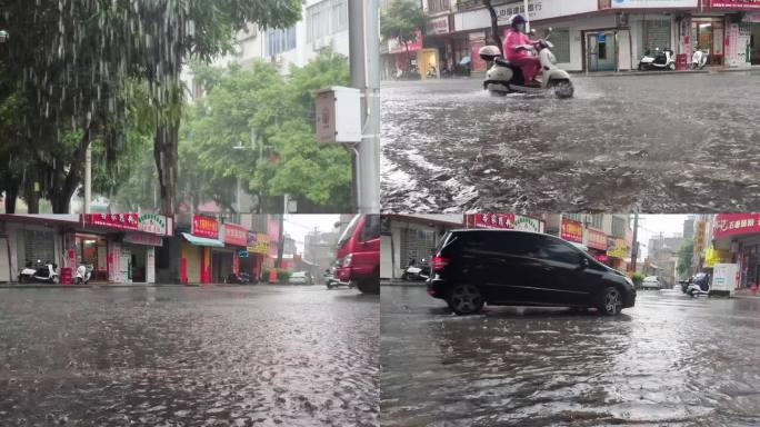 雨夜路面积水马路雨景汽车通过积水路面飞溅