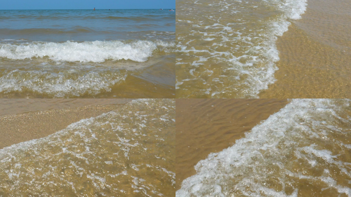 低视角大海浴场沙滩平滑海浪浪花4k