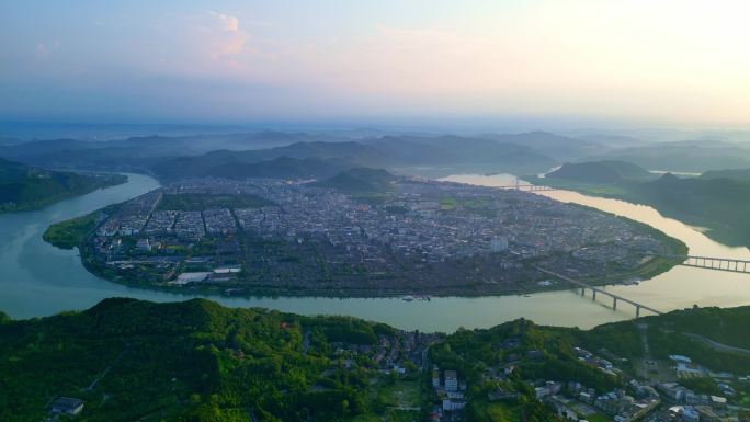 四川阆中古城高视角航拍古建筑街道日出曙光