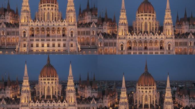 航拍匈牙利议会大楼布达佩斯多瑙河夜景灯光