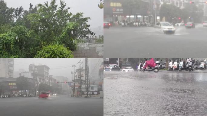 倾盆大雨暴雨倾盆雨景雨滴潮湿路面路面积水