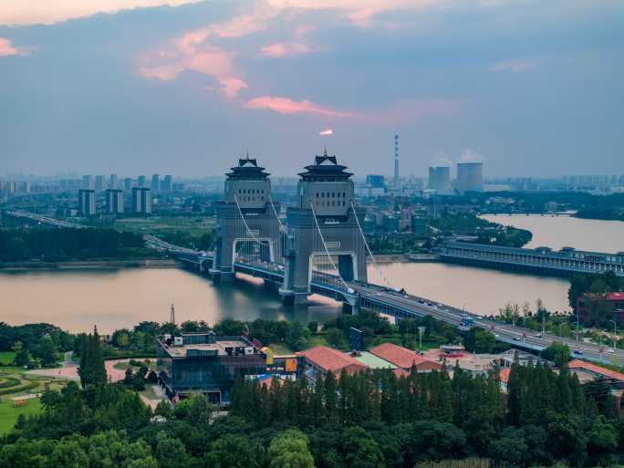 航拍扬州万福大桥日落延时摄影