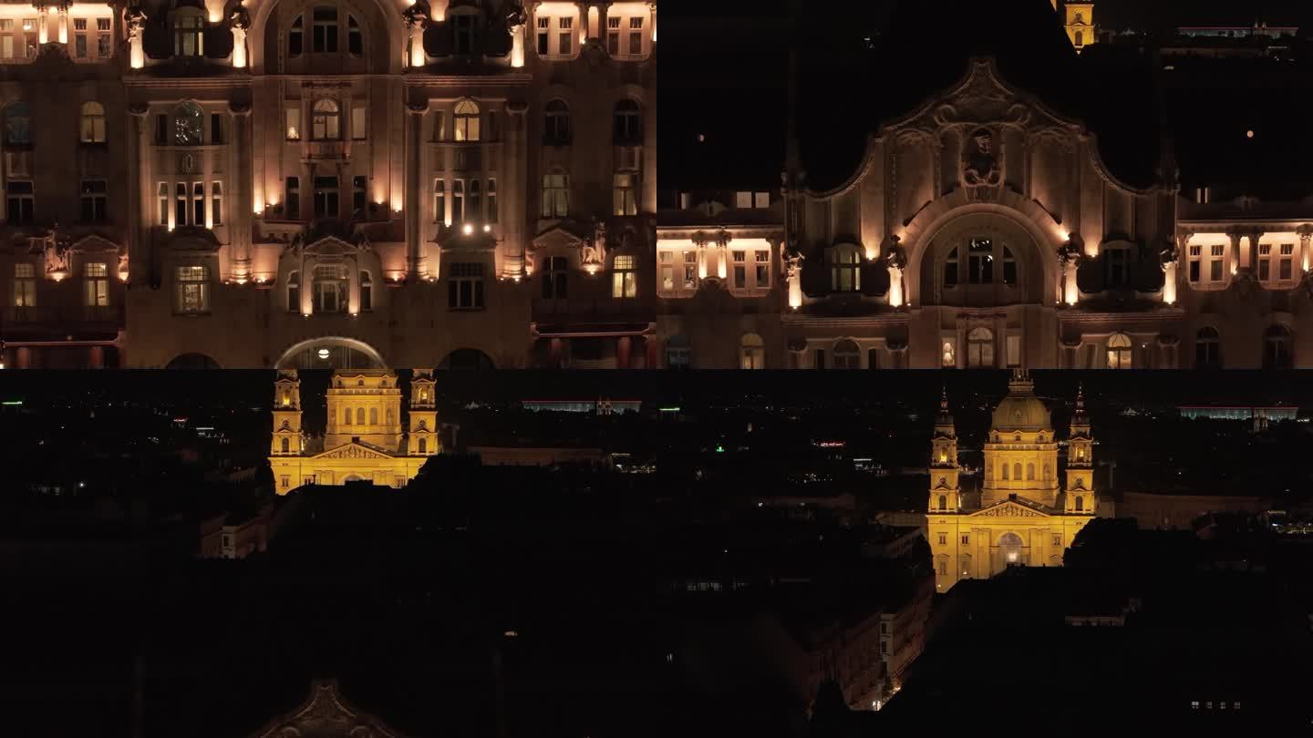 航拍匈牙利布达佩斯格雷沙姆宫夜景四季酒店
