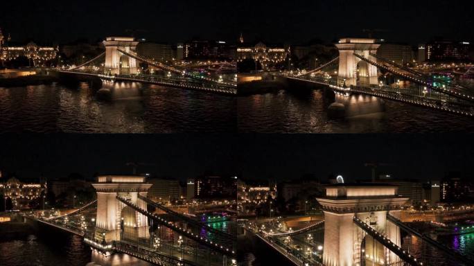 航拍匈牙利布达佩斯链子桥塞切尼桥夜景灯光