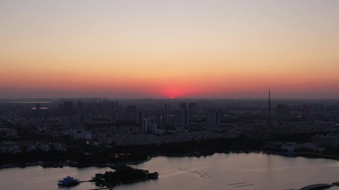 城市夕阳晚霞日落航拍东营日落