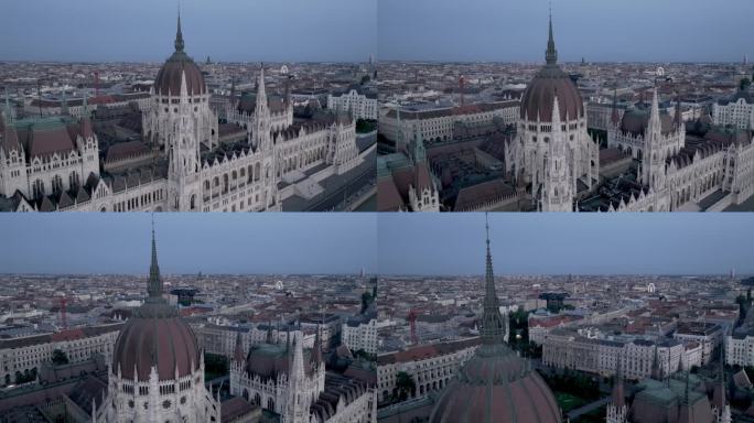 航拍匈牙利议会大楼布达佩斯多瑙河日落夜景