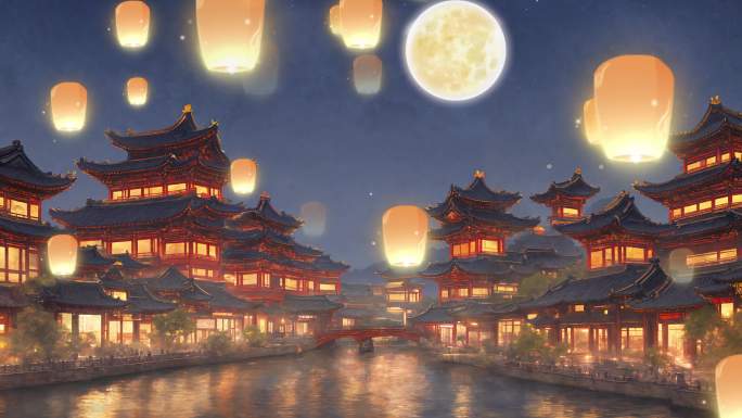 4k孔明灯中国风夜景背景动画 3_1