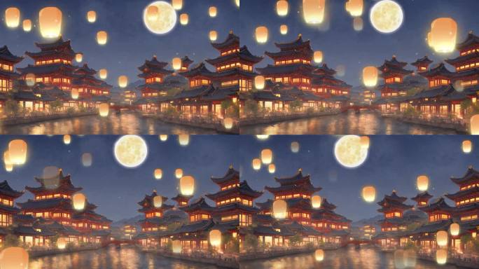 4k孔明灯中国风夜景背景动画 3_1