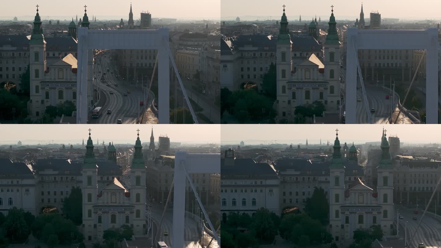 航拍匈牙利布达佩斯市中心多瑙河街道天际线