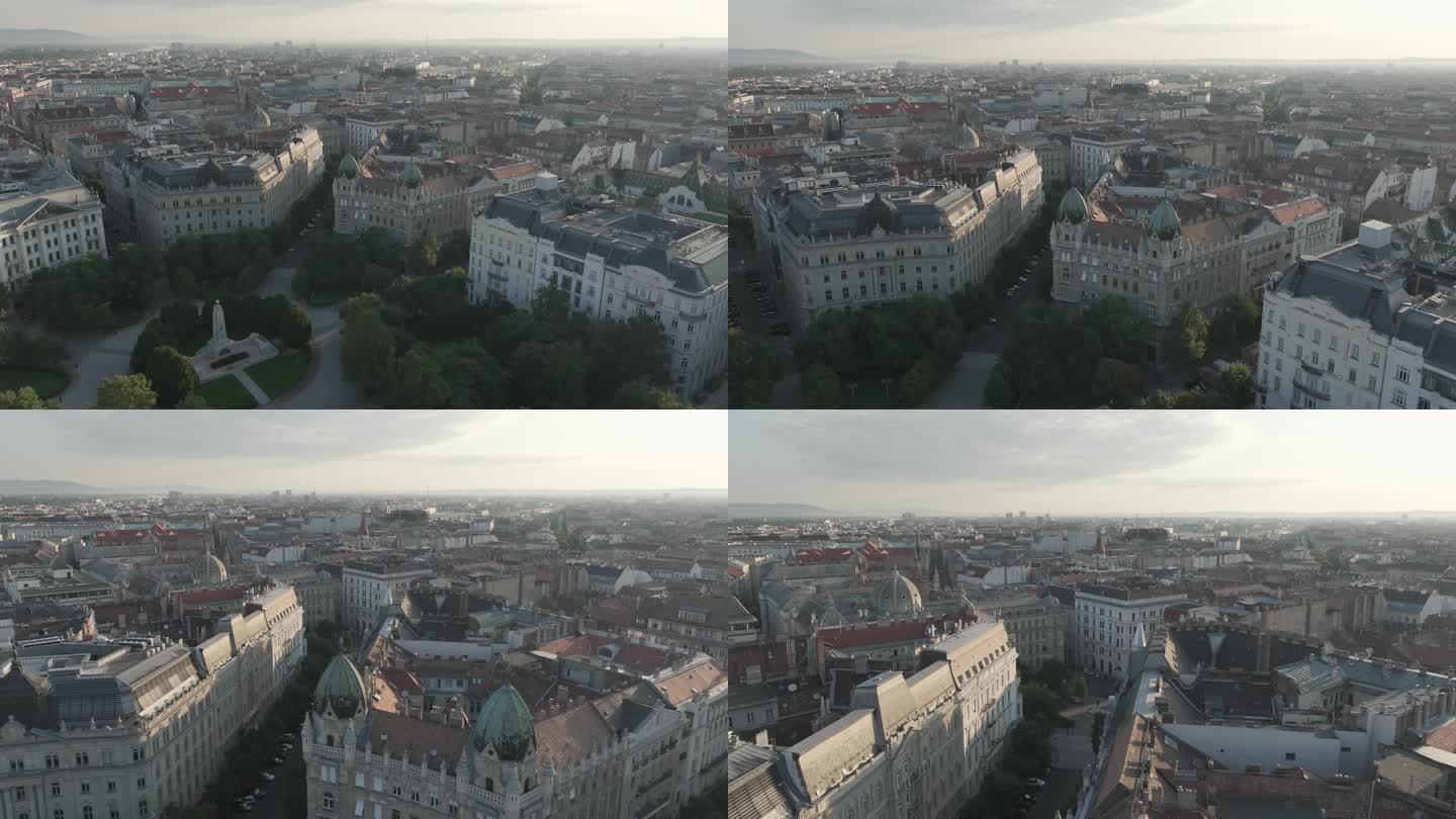 城市航拍匈牙利布达佩斯市中心天际线日出