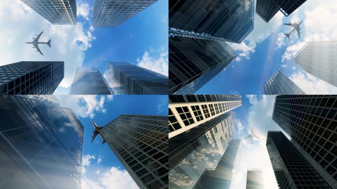 现代都市高楼飞机蓝天白云体积光
