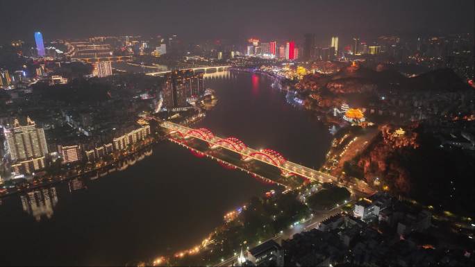 航拍中国广西省柳州市文惠桥夜景