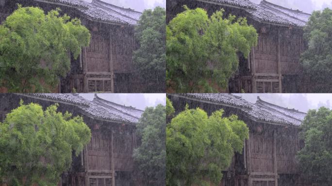 雨中的侗族民居和翠竹