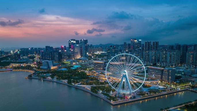 深圳市宝安区欢乐港湾航拍夜景延时