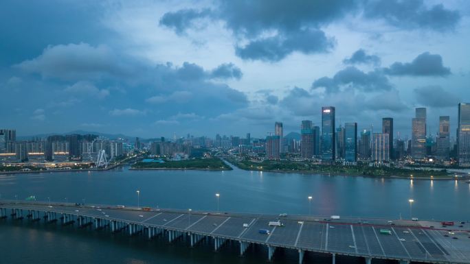 深圳市宝安区欢乐港湾前海航拍夜景延时