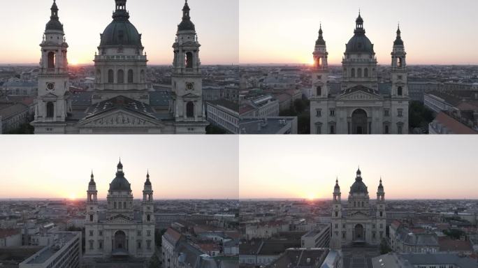 城市航拍匈牙利布达佩斯圣斯蒂芬大教堂日出