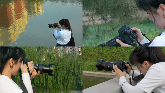 使用单反相机拍摄采风的年轻女孩4k