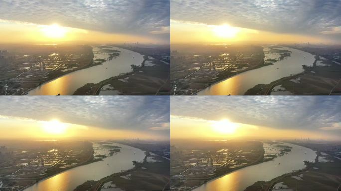 正版4K  航拍金色朝阳下的淮河
