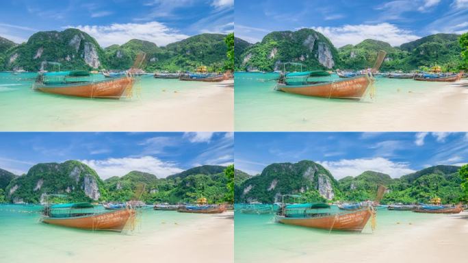 泰国甲米皮皮岛海滩长尾船延时海滨自然风光