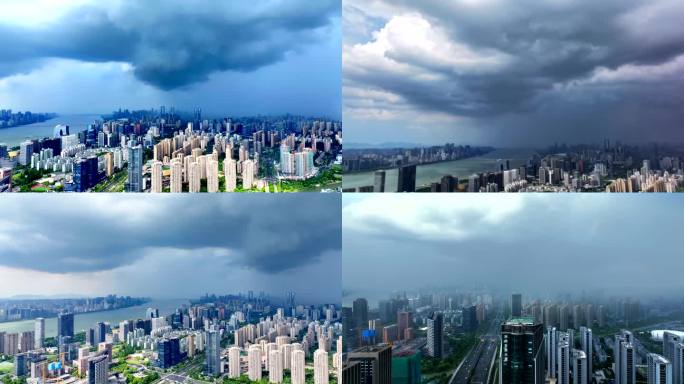 航拍杭州钱江两岸暴雨来临前的压迫感宣传片