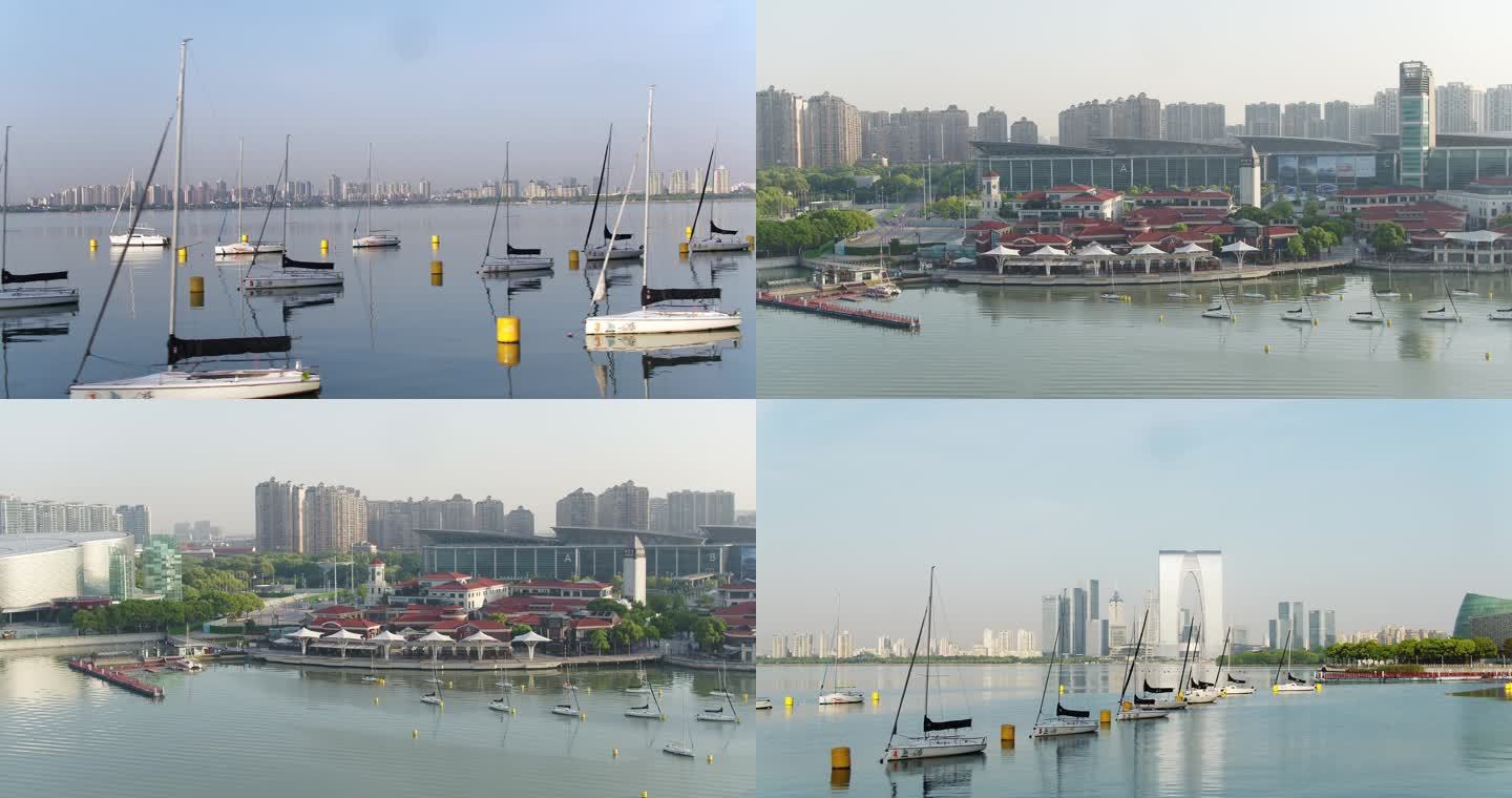 苏州金鸡湖月光码头水上帆船航拍4K