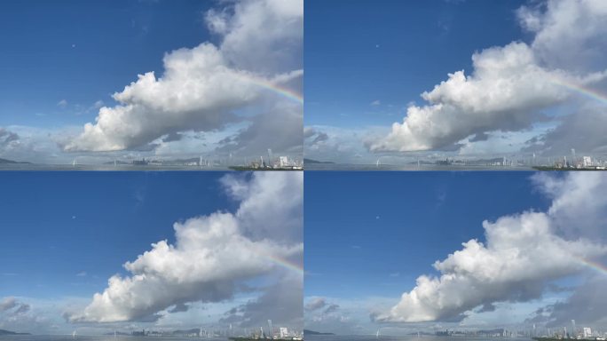 深圳湾海面雨后彩虹 蓝天白云彩虹天空