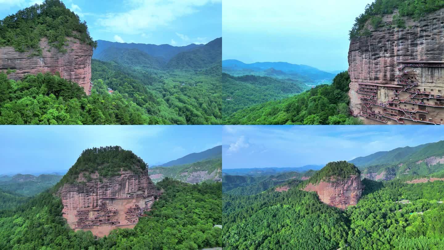 麦积山石窟 风景 全景 航拍 4K