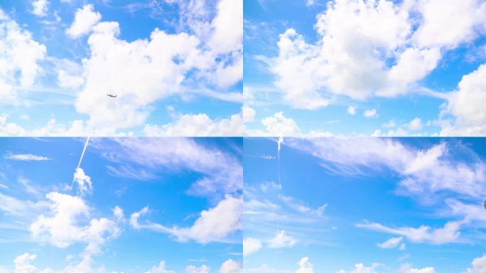 飞机飞过蓝天白云-延时摄影