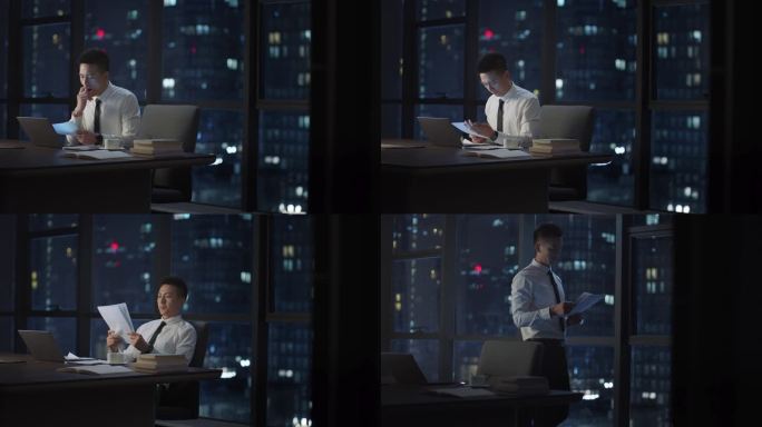 商务男熬夜加班 加班看文件 办公室加班