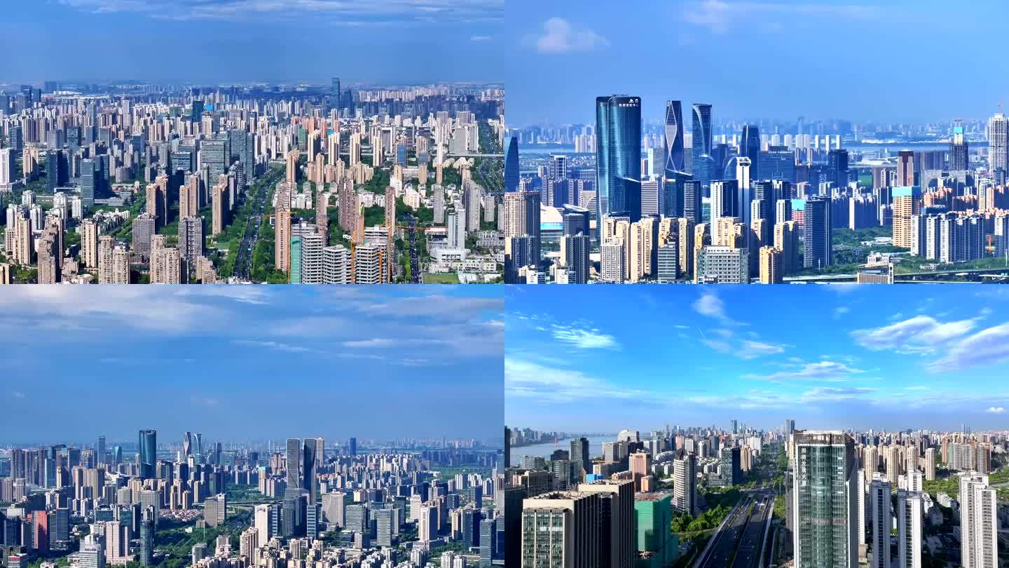 航拍杭州钱江两岸蓝天白云城市宣传片