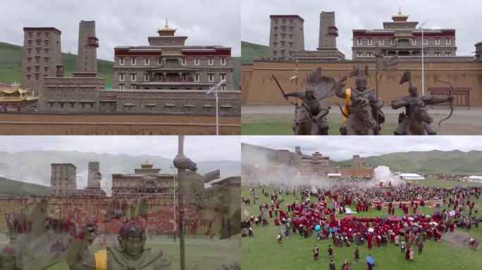 航拍藏族地区狮龙宫寺院 藏族节日