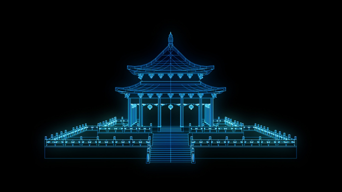 古代建筑蓝色科技线框