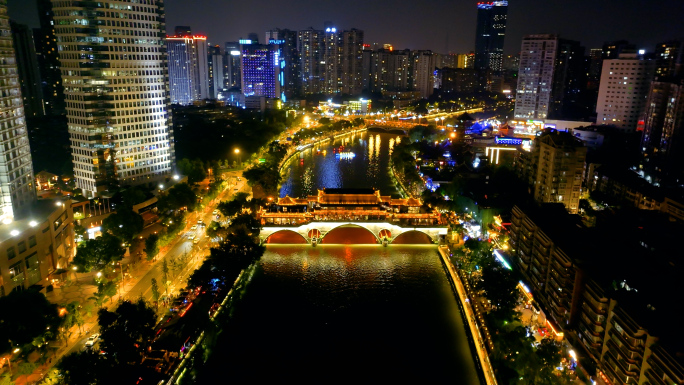 夜游锦江繁华夜景廊桥九眼桥夜景航拍 4K