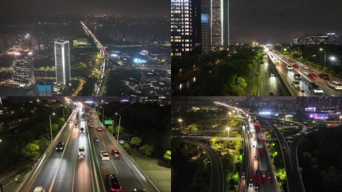 航拍杭州时代高架 恒生电子夜景