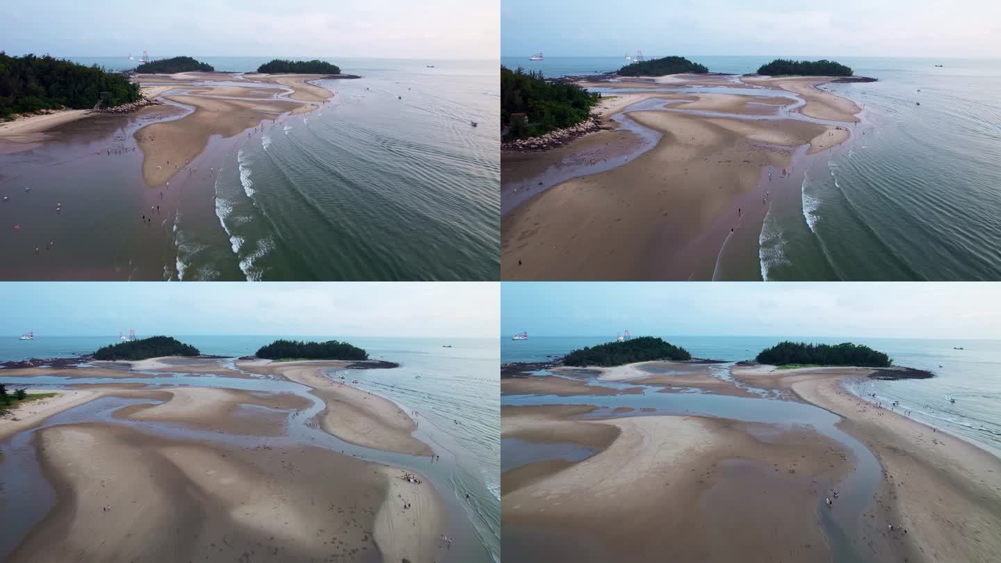 广东阳江闸坡马尾岛沙滩退潮航拍黄昏日落
