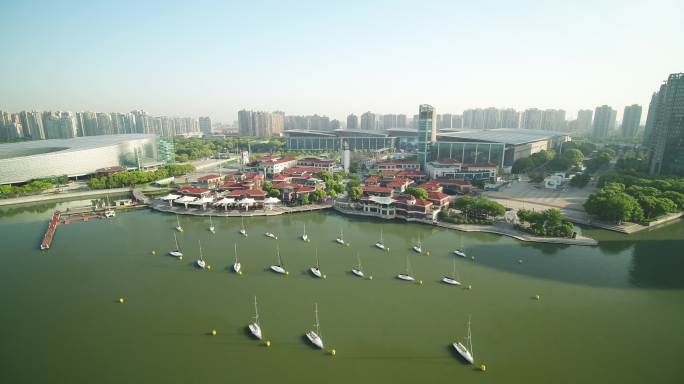航拍4K苏州金鸡湖月光码头帆船
