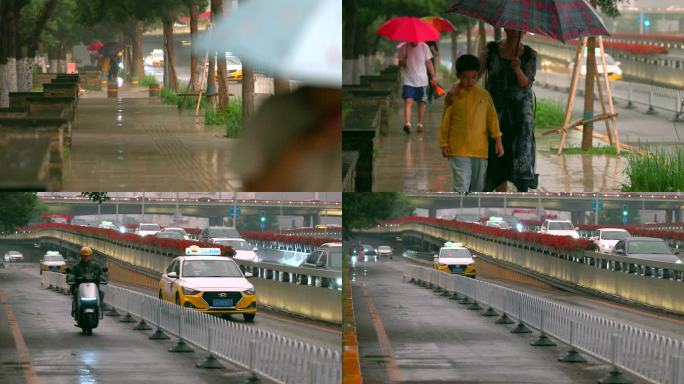 雨天行人马路行人打伞 下雨天街道走路