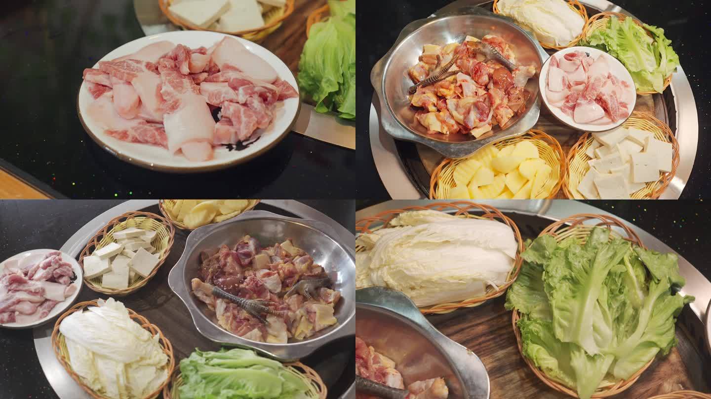 铁锅炖鸡原材料食物猪肉生菜豆腐白菜黑鸡