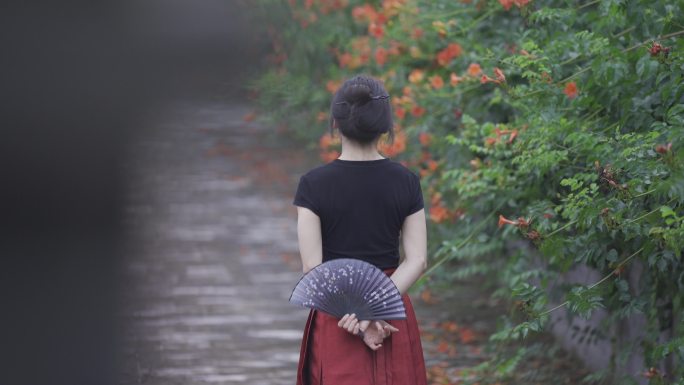 古风 城墙 美女 走路 凌霄花 背影扇子