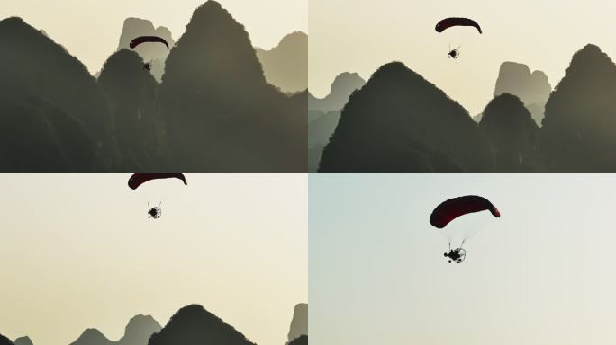 桂林漓江唯美浪漫的热气球滑翔伞日落