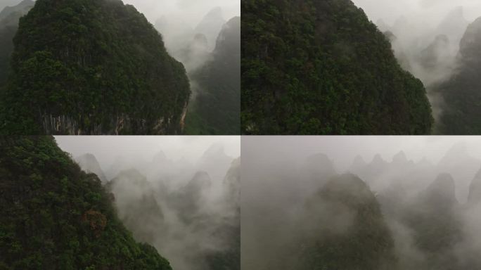 桂林阳朔兴坪古镇雨后云雾缭绕的山峰
